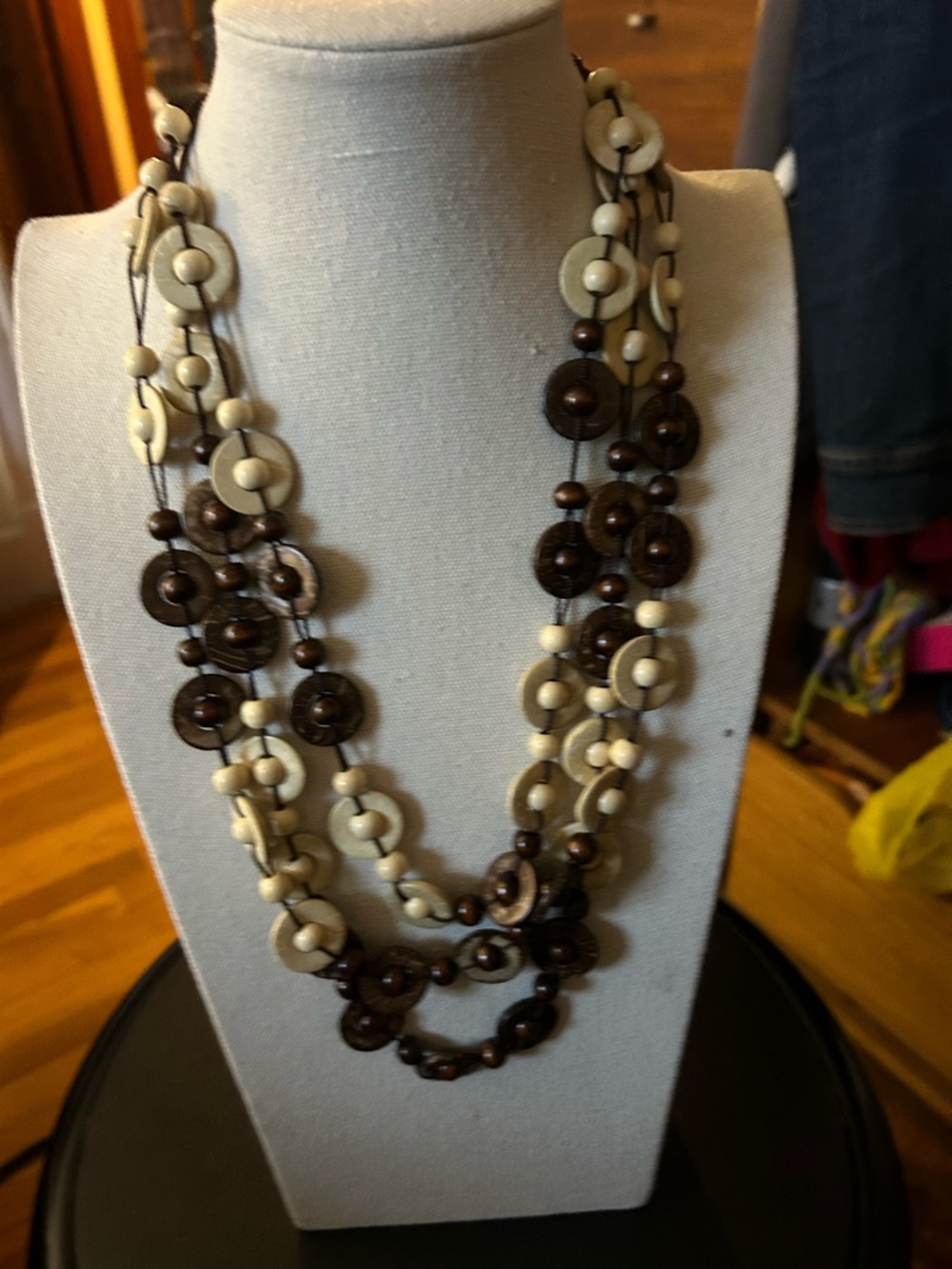 Wood Wood Multi-Strand Brown and Cream Wooden Bead Necklace